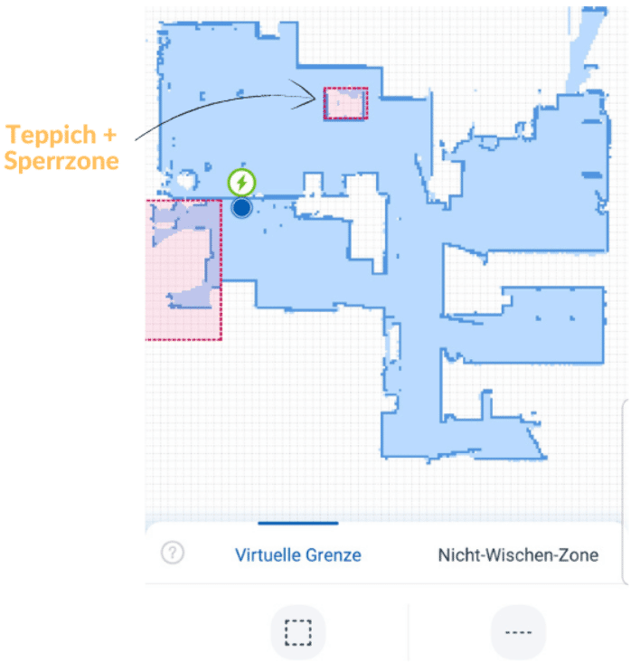 Der Teppich wird in der Ecovacs Deebot T9 App als eine schraffierte Fläche dargestellt